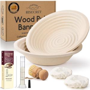 Non-Stick 9" Round Wood Pulp Banneton Bread Proofing Basket Set Of 2 With Aliquot Jar, Sourdough Banneton Basket Set, Bread Making Tool Brotform Sourdough Bread Baking Supplies