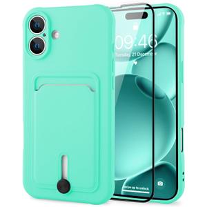 MZELQ TPU Wallet Compatible with iPhone 17 Case 2025, Card Holder Camera Protection Cover + Screen Protector, Push-able Slot for Girls Women -Green
