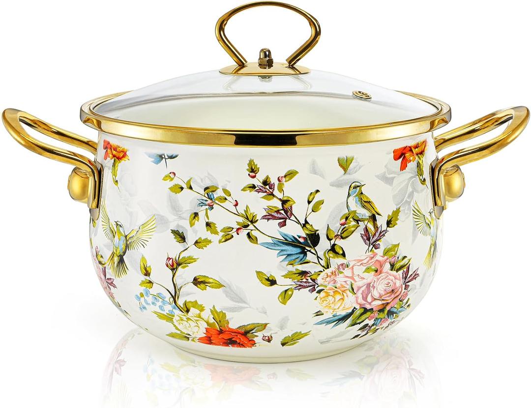 SOUJOY 2.8 Quart Enamel Stockpot with Glass Lid, Vintage Floral Soup Pot, Non-Stick Bean Stew Simmer Pot with Handle for Kitchen, Induction & Gas Stove Safe, Mother's Day, Wedding, Christmas Gift
