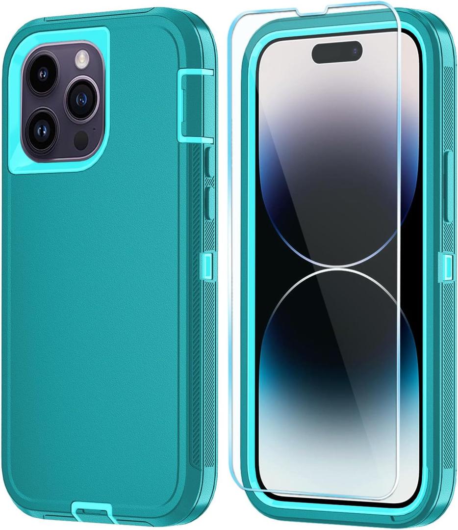 3 x Phone Case for iPhone 14 Pro Case with HD Screen Protector, Heavy Duty Shockproof & DustProof & Dropproof 3-Layer Cover Phone Case for iPhone 14 Pro (6.1'') (LakeSkyBlue)