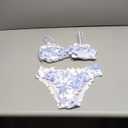 SHENHE Women's 2 Piece Bandeau Bikini Sets Floral Print Scalloped Boho Strapless Swimsuits (Blue and White) S