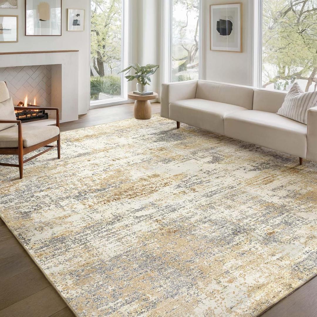 Area Rug Living Room Washable Rugs: 8x10 Modern Neutral Abstract Low Pile Non Slip Floor Carpet - Large Soft Thin Stain Resistant Rug for Bedroom Dining Indoor Office Home, Glod Grey