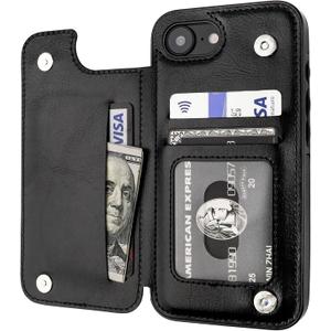ONETOP Compatible with iPhone 16e Wallet Case with Card Holder, PU Leather Kickstand Card Slots Case, Double Magnetic Clasp and Durable Shockproof Cover 6.1 Inch (Black)