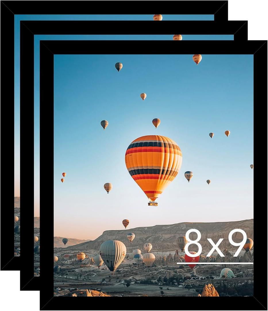 8x9 Picture Frame Set of 3 Black for Wall Hanging or Tabletop- Wall Mounting Horizontally or Vertically, 8 x 9 Wall Gallery Poster Photo Frames for 8 by 9 Photo,3 Pack, Black