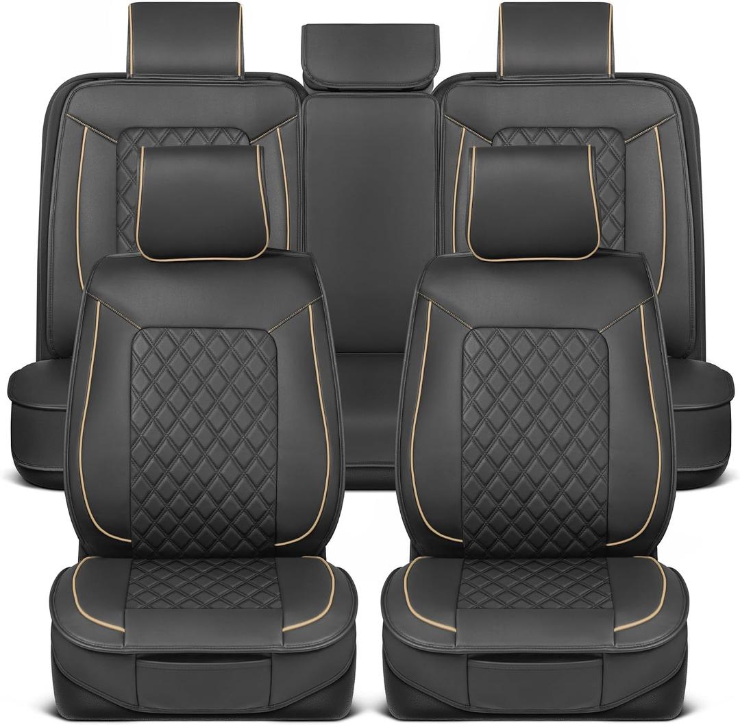 MotorBox Prestige Faux Leather Seat Covers Full Set Semi-Universal Fit for Cars, Trucks & SUVs Napa Style 2 Front Seat Covers + Rear Bench Durable Interior Protector, Easy Install