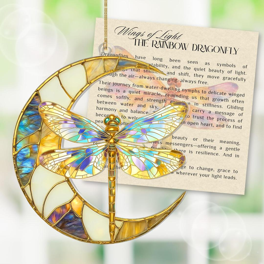 Dragonfly Moon Ornament – Dragonfly Suncatcher Gifts for Women, Hanging Suncatcher for Windows, Moon Decor Handmade Ornaments, Unique Handmade Home Decoration, Christmas Ornaments for Tree