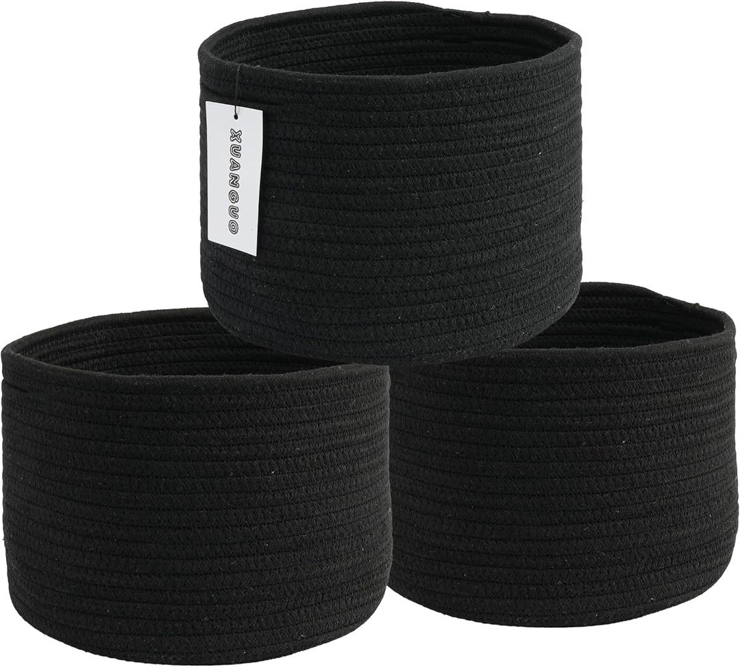 Woven Cotton Storage Baskets - 3-Pack Round Bins (10x10x7'') for Shelves, Closets & Bookcases | Durable Rope Organizers for Nursery, Baby, Toys, Easter & More (black)