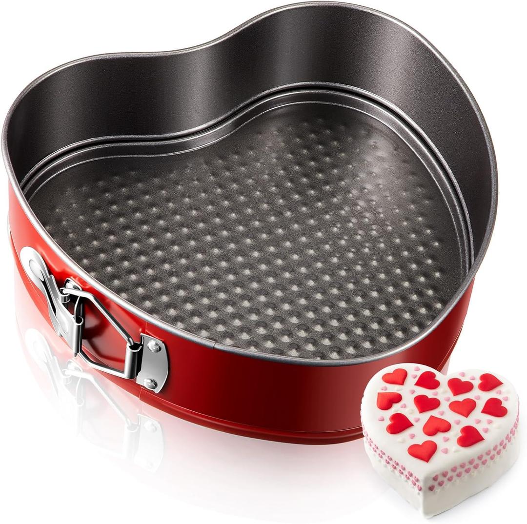 Tioncy 9 Inch Heart Shaped Springform Pan Red Heart Nonstick Cake Mold Cheesecake Pan with a Detachable Bottom for Quick Release, Carbon Steel Bakeware for Valentine Wedding Birthday Anniversary