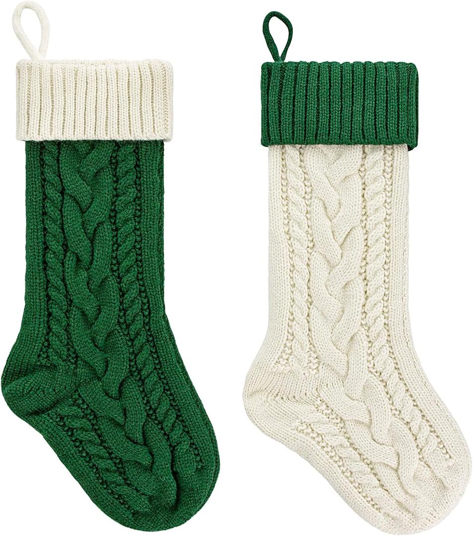 2 Pack 18" Personalized Christmas Stockings, 18inch Large Cable Knitted Xmas Hanging Stocking Decorations for Holiday Christmas Party Family Decor (Lvory/Green) (Green and White)