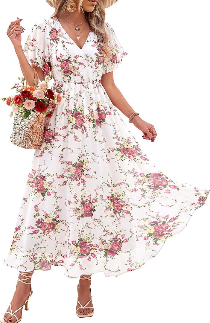 Bebonnie Womens Summer Wrap V Neck Short Sleeve Flowy Layers Chiffon Wedding Guest Maxi Dresses (White, L)