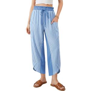 TARSE Womens Linen Palazzo Pants Striped Wide Leg Casual Capri Pant Drawstring Summer Harem Pants with Pockets (L)