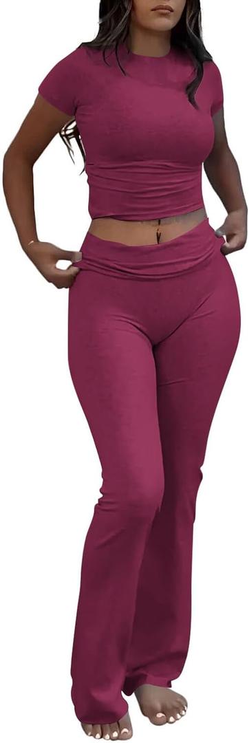 ZFLM Casual Workout Two Piece Outfits for Women Short Sleeve Crop High Waist Foldover Flare Pants Tracksuit Sets Streetwear (X-Small, Angola Red)