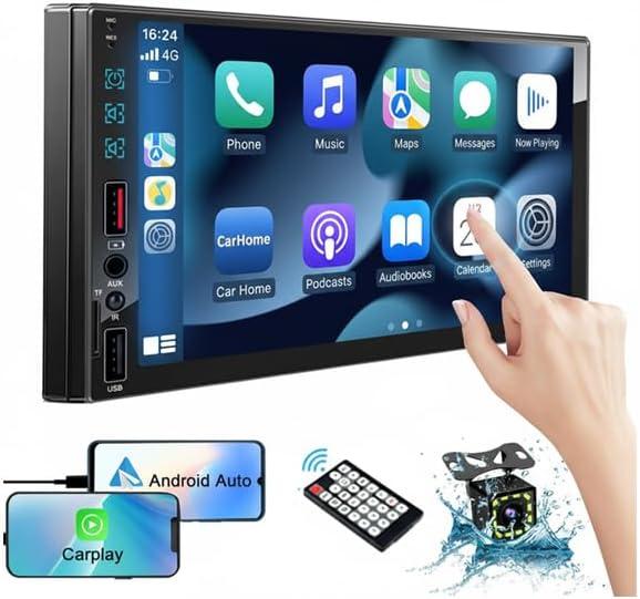 (Upgrade) Double Din Car Stereo Compatible with Apple Carplay & Android Auto, 7 Inch Touch Screen Car MP5 with Bluetooth, DSP, Mirror Link, USB/TF Port AM/FM Car Radio Receiver, HD Backup Camera