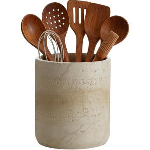 Natural Travertine Textures Kitchen Utensil Holder, 7.5" Large Heavy Resin Utensil Crock, Cooking Utensil Crocks for Kitchen Counter - Silicone Pad Anti Scratch, Non-Slip, Beige (Made of Resin)