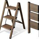 HillhutApex 3 Step Stool, Aluminum Foldable Step Ladder, Lightweight Stable Stool with Wide Non-Slip Pedals, 330lbs Bearing Capacity Ladder for Office,Home,Kitchen - Walnut, 18.1"W x 33.4"H