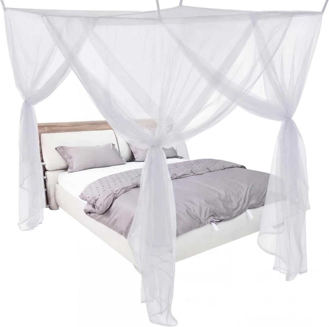 Mindsoft 4 Corners White Bed Canopy Curtains for Single Twin Full Size, Mosquito Net Rectangular Bed Drapes for Bedroom Home Indoor Patio Outdoor Decoration(L79 X W47 X H59 Inch)
