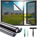 Haton One Way Window Privacy Film, Window Tint for Home with Tools, Static Cling Removable, UV Sun Heat Blocking Reflective Mirror Film, See Out Not in, Black-Silver, 23.6 by 78.7 inch