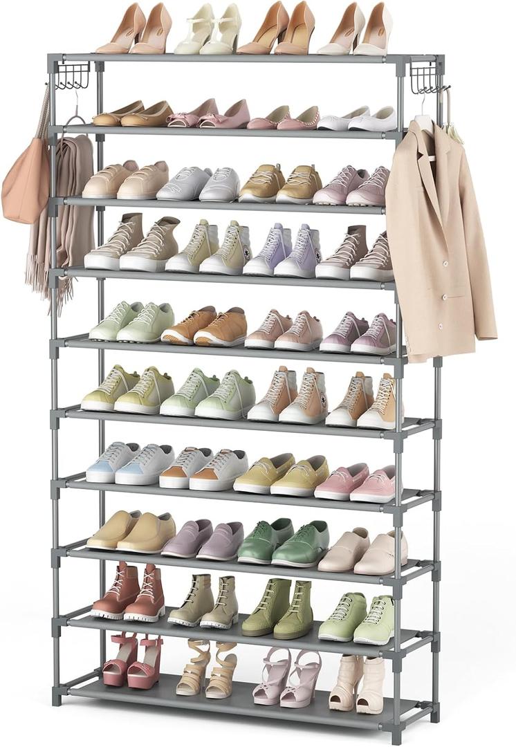LANTEFUL 10 Tiers Shoe Rack 50 Pairs Large Capacity Tall Shoe Organizer Sturdy Shoe Storage with Two Hooks Space Saving Metal Wide Shoe Rack for Closet, Entryway, Bedroom, Grey