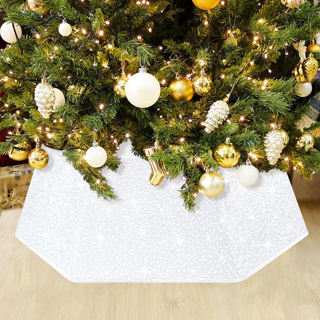 White Christmas Tree Collar for 9 ft Tree Foldable 31.49 Inch Sequin Christmas Tree Ring Velvet Tree Skirt Cover for Xmas Pencil Tree Holiday Decor