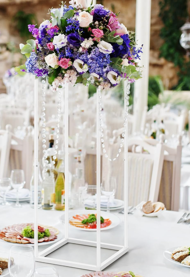 Wedding Centerpieces Vase, White Metal Flower Stand, 2 Pcs Geometric Column Floor Vase, Wedding Decorations Flower Display Rack Decorations for Events Reception, Birthday, Party