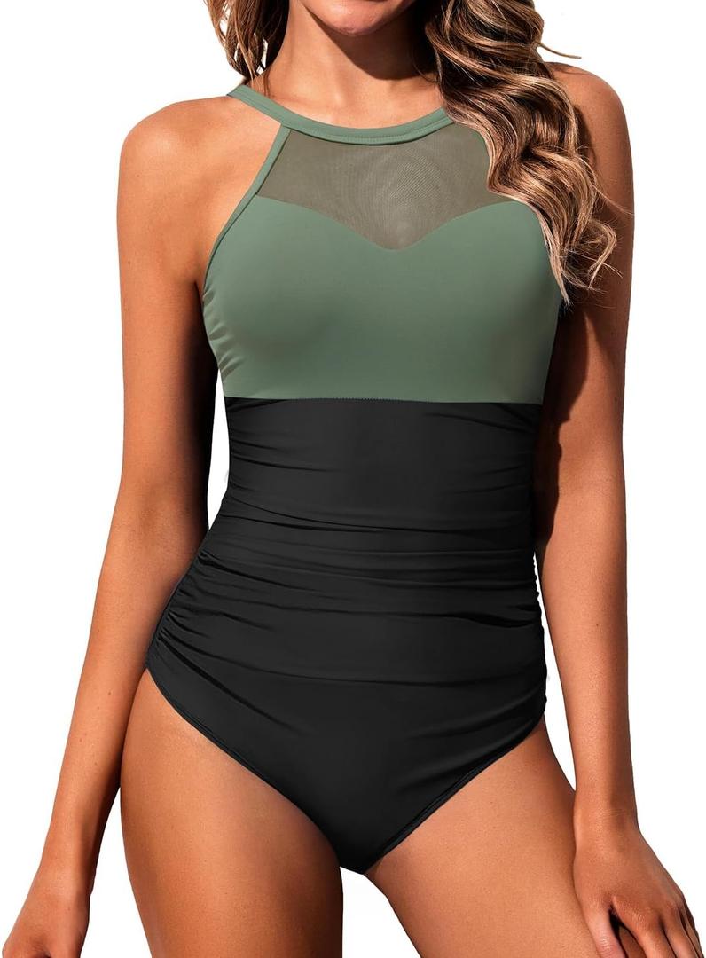 Daci Tummy Control One Piece Swimsuits - Women High Neck Mesh Bathing Suit Swimwear (Small, Green Black)