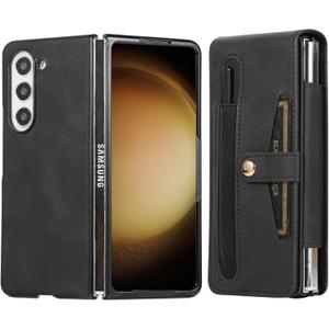 for Samsung Galaxy Z Fold 5 Case, Leather Pouch Holster Belt Case, Belt Clip & Dual Magnet Closure, Card Slot, Pen & S Pen Slot, flip Phone case for Phone Belt Holder for Z Fold5, Black