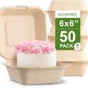[50 COUNT]Harvest Pack 6 X 6" Compostable Clamshell Take Out Food Containers, PFAS FREE Square To go Containers with Lids, Heavy-Duty Disposable Bagasse Bento Cake Box, Eco-Friendly Sugarcane Fibers