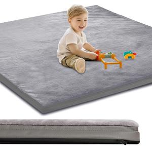 Baby Play Mat for Floor,1.3" Thick Foam 50x50 Play Crawling Mat with Removable Washable Cover,Non Slip Soft Velvet Nursery Rug for Toddlers,Infants,Kids Yoga Mat,Tatami Mat,Gray (Grey)