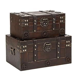 WDECORHOMT Set Of 2 Vintage Pirate Style Treasure Chest For Kids,Wooden Treasure Box For Keepsakes, Decorative Antique Chest,Wooden Keepsake Box Size:13.8"X9.4"X7.1" (1, Small+Large)