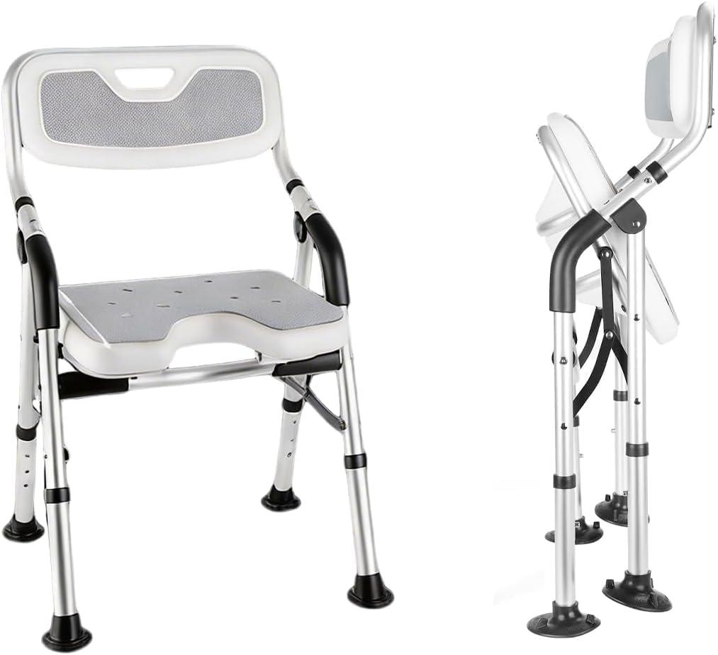 DEWEL Foldable Shower Chair for Elderly and Disabled, Folding Shower Seat with Armrests and Back Height Adjustable, Aluminum Alloy Bath Seat for Inside Shower, 330lbs Capacity(Gray)