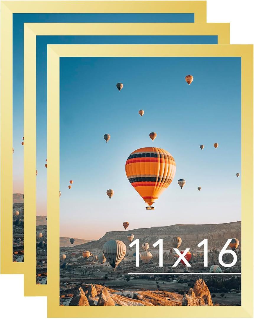11x16 Gold Picture Frame Set of 3, Horizontal and Vertical Formats for Wall Hanging, 11 x 16 Wall Gallery Poster Photo Frames with Durable Shatter Resistant Plexiglass, 3 Pack, Gold