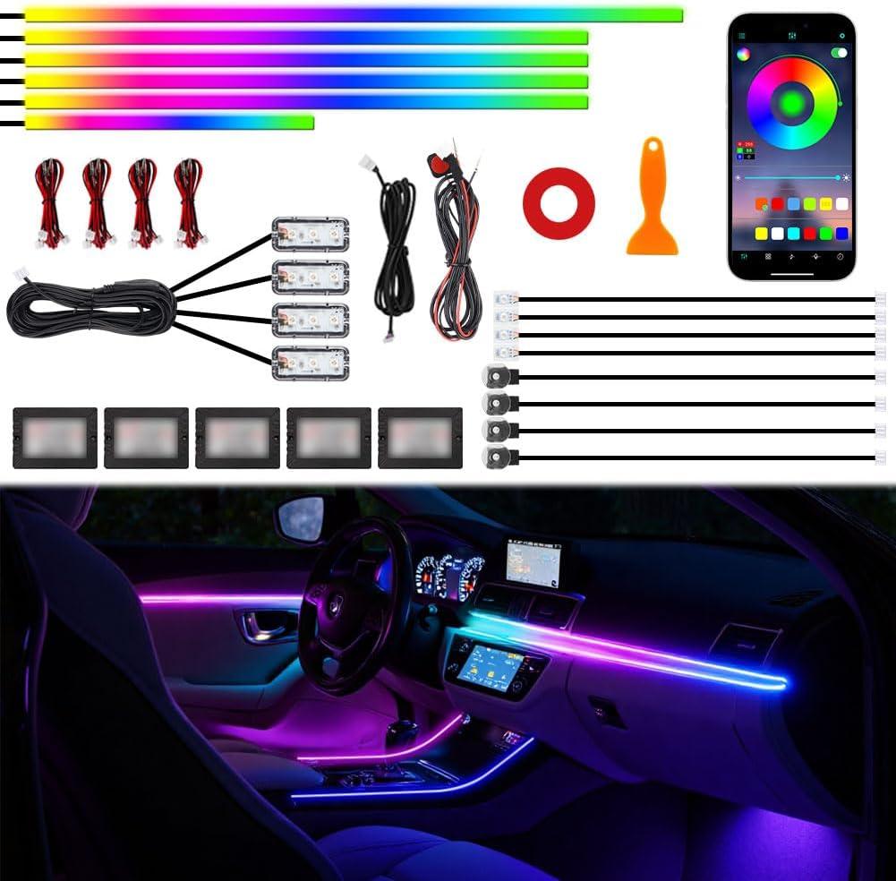 Acrylic Interior Car Ambient Lighting Kits, LED Strip Lights with Wireless APP, Neon Fiber Optic Lights Function LED Strip for Car with Music Modes (18 in 1)
