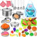 Play Food Sets for Kids Kitchen, Play Kitchen Accessories 46Pcs, Stainless Steel Cookware Pots and Pans Set with CuteApron, Cutting Play Food, Cooking Utensils,Toys for 3 4 Year Old Girls