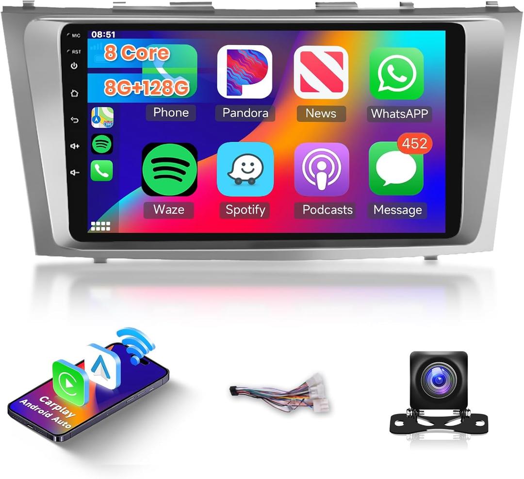 8 Core 8+128G for Toyota Camry 2006-2011 Android Car Radio with Wireless Carplay Android Auto, 9 Inch QLED Touch Screen Car Stereo Supports 4G/ WiFi, GPS, Bluetooth 5.0, FM/AM, DSP, Backup Camera