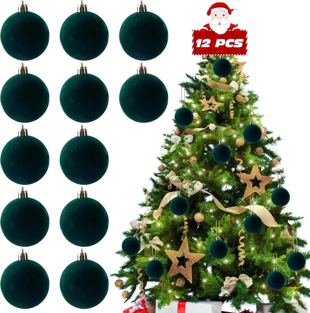 Dazftiey 12 PCS Green Velvet Ornaments for Christmas Tree Decorations,Elegant Velvet Christmas Ornaments Balls,Shatterproof Xmas Decorative Hanging Ornaments(2.36 Inch)