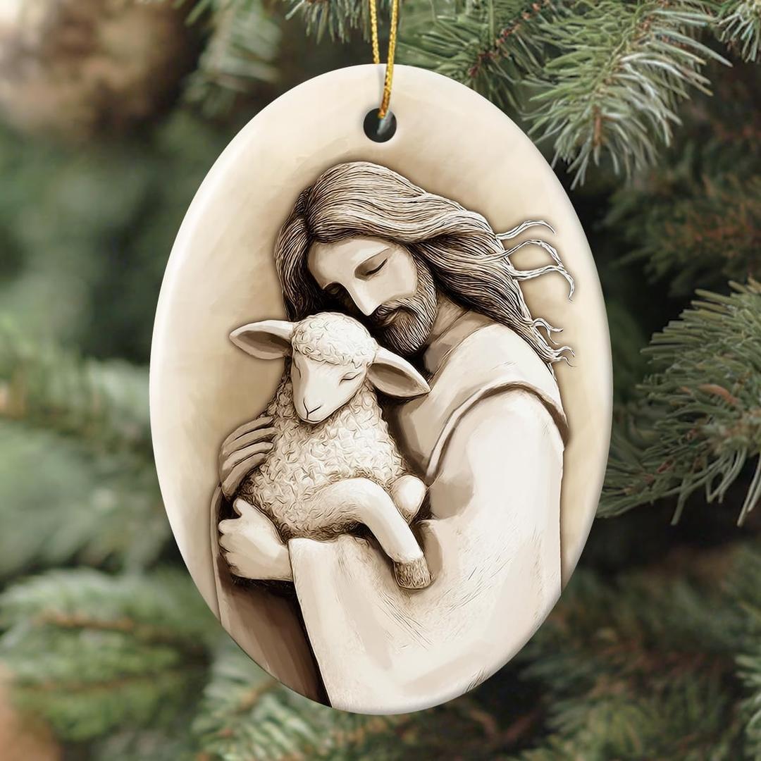 Christian Christmas Ornaments 2026, Religious Gifts Idea for Women Friends Jesus and Lamb Double, Sided Ceramic Christmas Ornaments Holiday Keepsake Christian Gifts for Women Faith Catholic