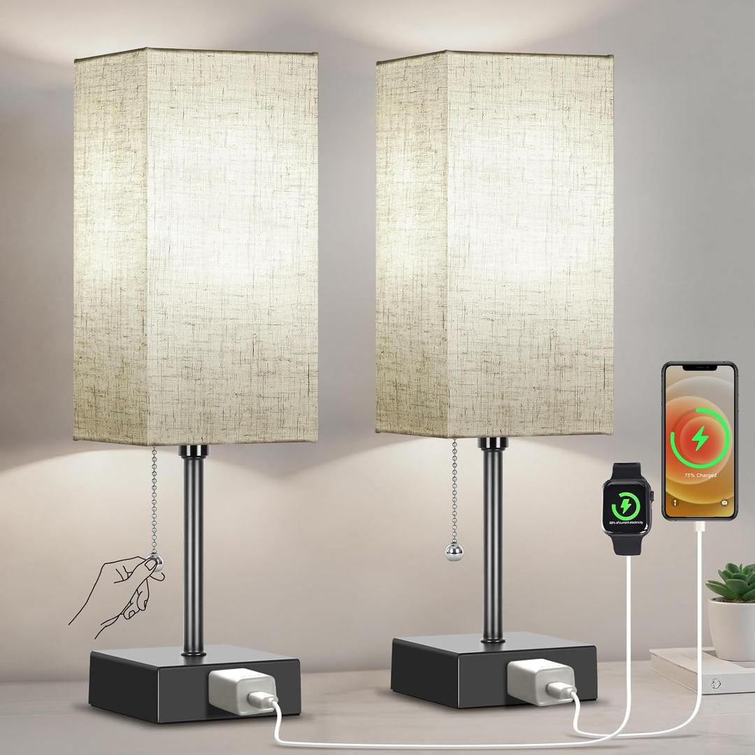 Table Lamp for Bedroom Set of 2, Bedside Lamps with 3 Color Temperatures Night Light, Lamp for Night Stands with AC Outlet and Square Shade, Pull Chain Small Desk Lamp for Living Room Home Decor (15 inch)