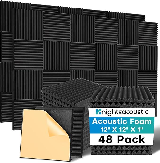 Knightsacoustic 48 Pack Sound Proof Foam Panels for Walls with Self Adhesive, 12x12x1 Acoustic Foam Panels, High Density Acoustic Panels Sound Absorbing, Fire Resistant Studio Sound Proofing Black