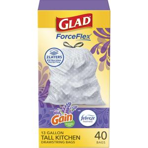 Glad ForceFlex Tall Kitchen Trash Bags, 13 Gallon, Gain Lavender, 40 Count (Package May Vary)