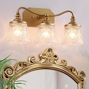 VbiTmn Vintage Bathroom Light Fixtures, 3 Light Gold Vanity Light, Matte Antique Brass Finish Bathroom Vanity Light, Brushed Gold Vanity Lights for Bathroom, Bedroom, with Crystal Glass Shade