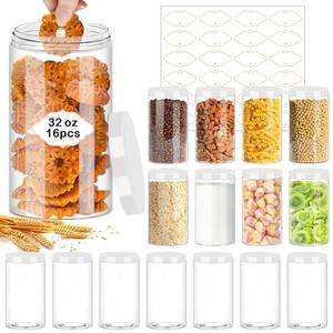 PeacePeo 32 OZ Plastic Jars,16 Pcs Clear Plastic Jars with White Lids Round Empty Storage Jar Wide Mouth Refillable Storage Container with Lids for Household and Kitchen Food Organizing