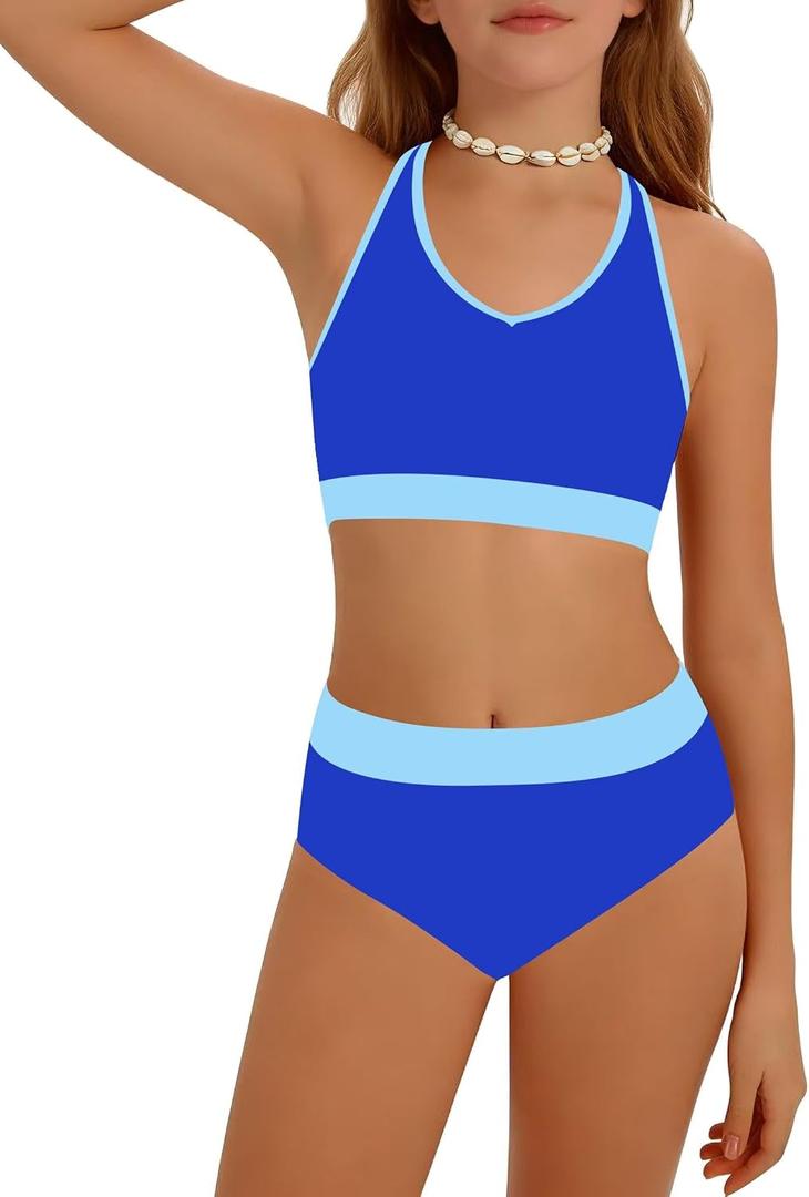 Girls Swimsuit Color-Block High Waist Sporty Sets Girls Two Piece Bathing Suit with Chest Pad Swimwear 11-12Y