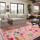 Area Rug 8x10, Washable Large Rugs for Living Room, Non Slip 0.27" Low Pile Vintage Floral Large Carpet for Bedroom, Dining Room, Kids Playroom (Pink)
