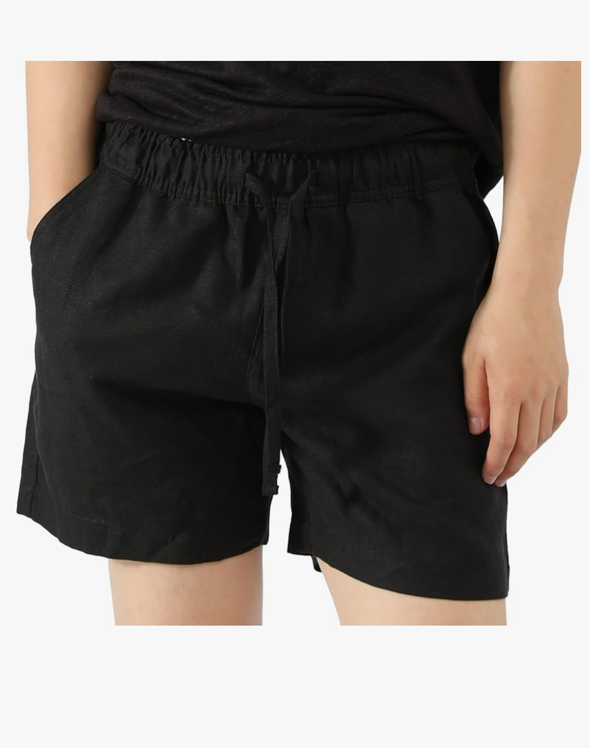 Mens 100% Linen Casual Shorts with Elastic Waistband Summer Drawstring Pockets Relaxed Fit Lounge Shorts, Size:Small, Black