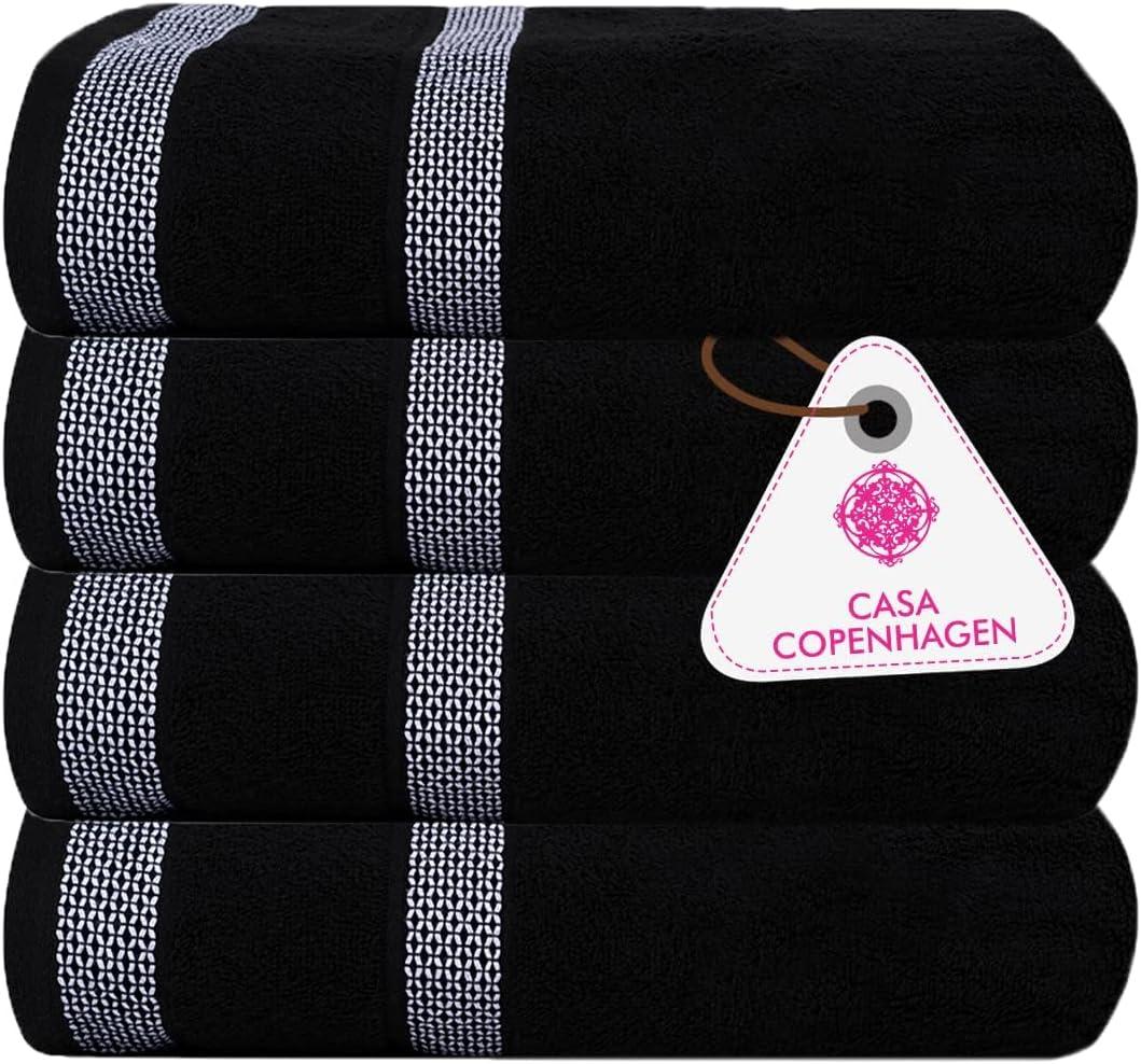 CASA COPENHAGEN, Solitaire, 600 GSM, 27x55 Inches Large Bath Towels, Set of 4 Towels, Super Soft and Absorbent, Egyptian Cotton Towels for Bathroom & Shower - Jet Black