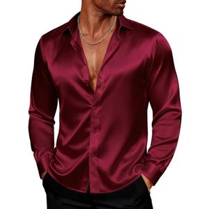 PJ PAUL JONES Men's Shiny Satin Dress Shirts Long Sleeve Button Down Silk Shirt with Bow Tie (Dark Red, M)