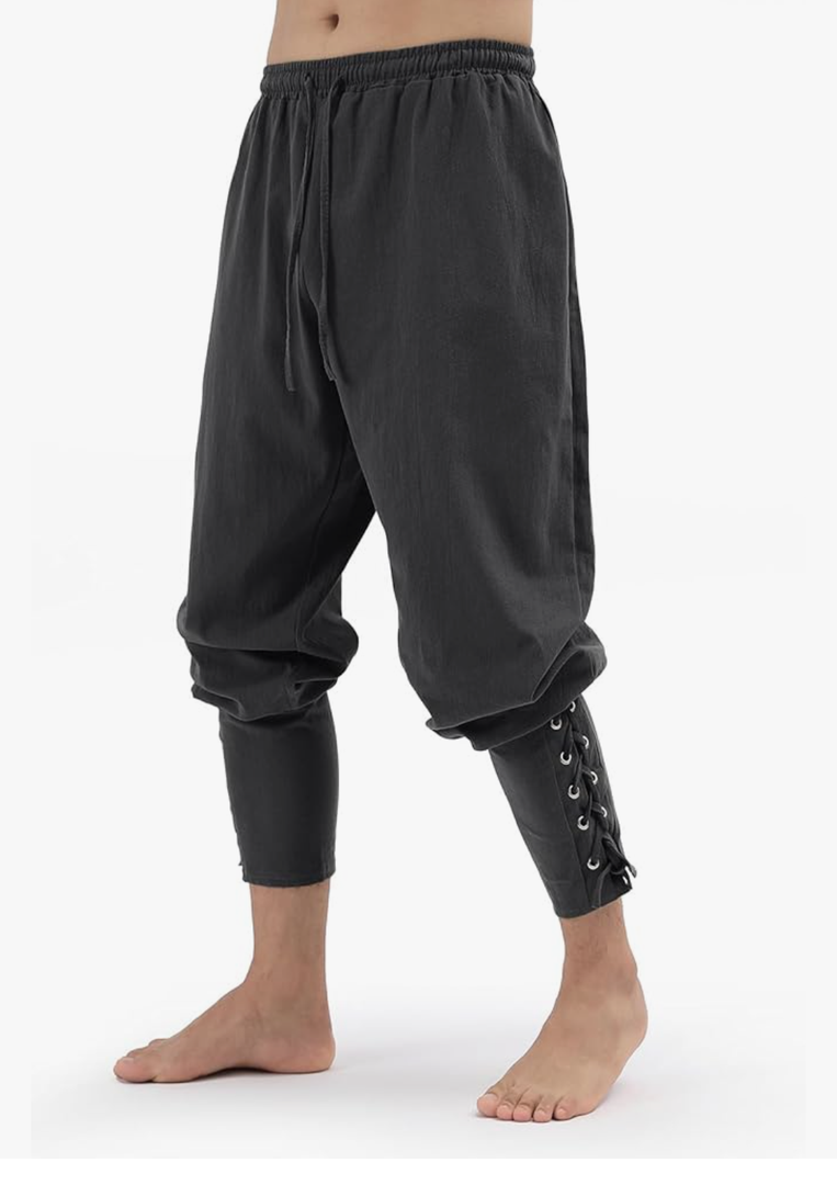 Mens Pirate Pants Medieval Viking Costume, Renaissance Lace-up Ankle Banded Trousers Cotton Linen Cosplay Outfits Black XL