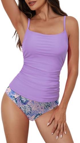 Eomenie Women's Swimsuit Tankini Tummy Control Bathing Suits Two Piece Full Coverage Slim Swim Suits with High Waisted Bottom, Medium, Purple 