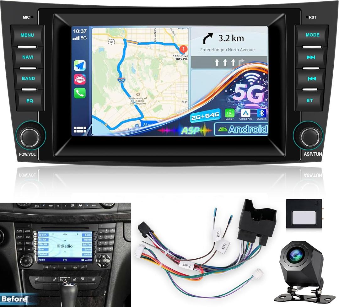 NHOPEEW Android Radio for Mercedes Benz E Class W211 E200, [2+64G] 7 inch IPS Touchscreen W211 Stereo - Wireless CarPlay & Android Auto, ASP, Custom Homepage, 5G/WiFi, GPS + Backup Camera + Canbus