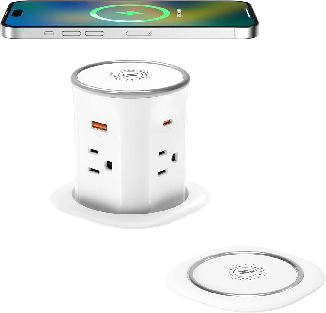 Jgstkcity Pop Up Outlet for Countertop 3.15-inch Desk Wire Hole Insert,9-in-1 Power Strip with 15W Wireless Charger,4 Outlets 4 USB Ports,15Amp Tamper Resistant Receptacle, ETL Listed (White)